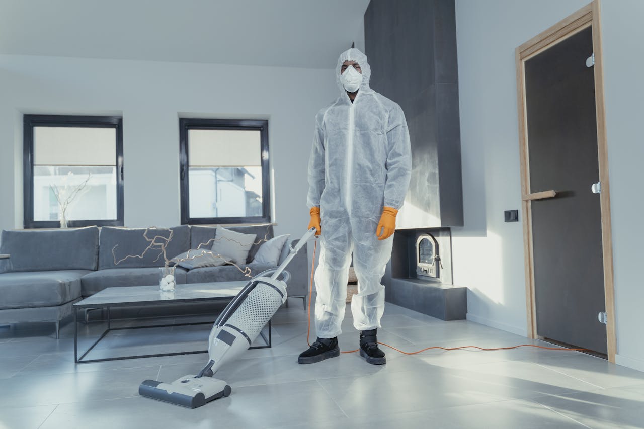 A person in protective coveralls vacuuming a contemporary living room.